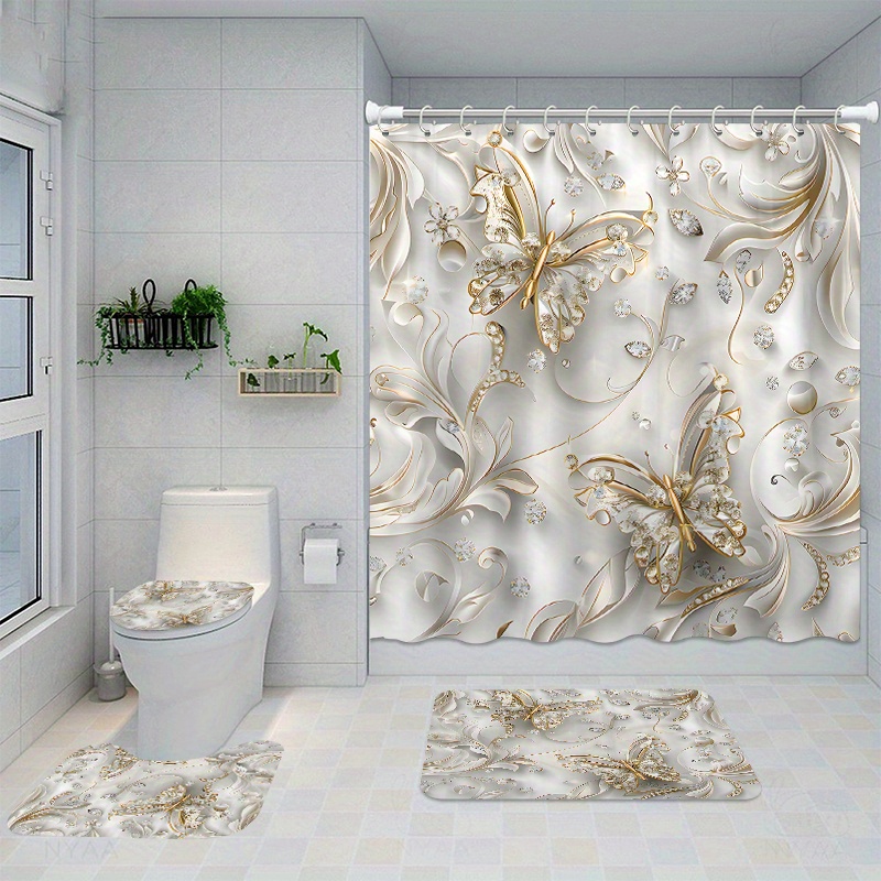 Bamboo Bath Mat - Conjunto de cortina de chuveiro borboleta